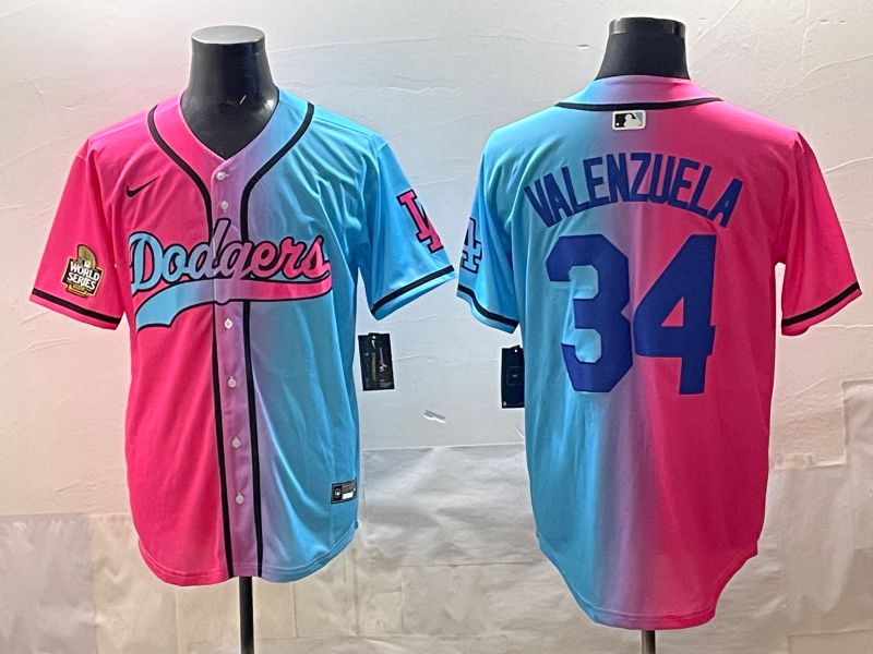 Men 2025 Los Angeles Dodgers #34 Valenzuela Blue pink Game Nike MLB Jersey style 06